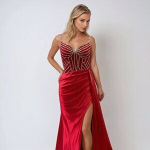 New Formal Sheath Sleeveless Rhinestones Embellished Prom Satin Dress JT2524L